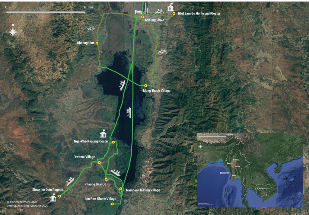 Karte mit den Highlights und Sehenswürdigkeiten des Inle See Biosphärenreservats in Myanmar